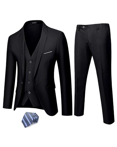 Hihawk Herren 3 Stück Anzug mit Stretch Stoff Solide Slim Fit EIN-Knopf Anzug Blazer Set Jacke Weste Hose mit Krawatte, Schwarz, M von Hihawk