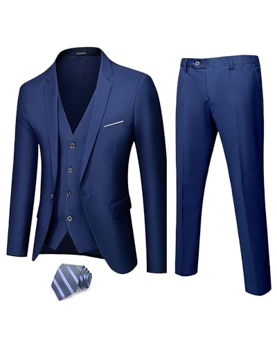 Hihawk Herren 3-teiliger Anzug mit Stretch-Stoff, solide schmale Passform, EIN-Knopf-Anzug, Blazer-Set, Jacke, Weste, Hose mit Krawatte, Tiefes Blau, XX-Large von Hihawk