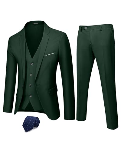 Hihawk Herren 3-teiliger Anzug mit Stretch-Stoff, solide schmale Passform, EIN-Knopf-Anzug, Blazer-Set, Jacke, Weste, Hose mit Krawatte, dunkelgrün, L von Hihawk