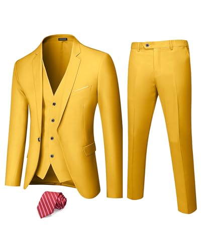 Hihawk Herren 3-teiliger Anzug mit Stretch-Stoff, solide schmale Passform, EIN-Knopf-Anzug, Blazer-Set, Jacke, Weste, Hose mit Krawatte, gelb, L von Hihawk