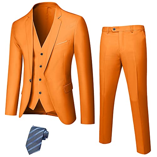 Hihawk Herren 3 Stück Anzug mit Stretch Stoff Solide Slim Fit Ein-Knopf Anzug Blazer Set Jacke Weste Hose mit Krawatte, Orange/Abendrot im Zickzackmuster (Sunset Chevron), L von Hihawk