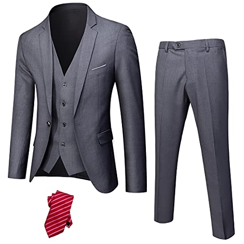 Hihawk Herren 3 Stück Anzug mit Stretch Stoff Solide Slim Fit Ein-Knopf Anzug Blazer Set Jacke Weste Hose mit Krawatte, Tiefes grau, XL von Hihawk