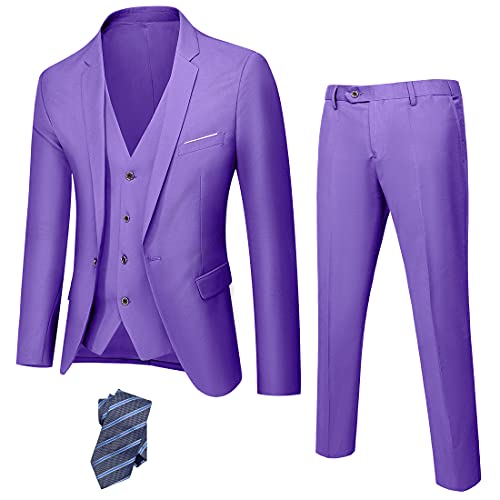 Hihawk Herren 3 Stück Anzug mit Stretch Stoff Solide Slim Fit Ein-Knopf Anzug Blazer Set Jacke Weste Hose mit Krawatte, Violett, XS von Hihawk