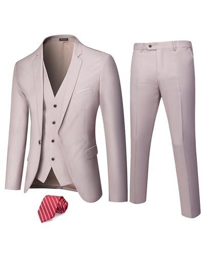 Hihawk Herren 3-teiliger Anzug mit Stretch Stoff Solid Slim Fit EIN-Knopf Anzug Blazer Set Jacke Weste Hose mit Krawatte, Beige, 3XL von Hihawk