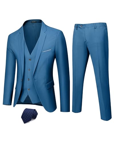 Hihawk Herren 3-teiliger Anzug mit Stretch-Stoff, solide schmale Passform, EIN-Knopf-Anzug, Blazer-Set, Jacke, Weste, Hose mit Krawatte, Hell, blau, L von Hihawk