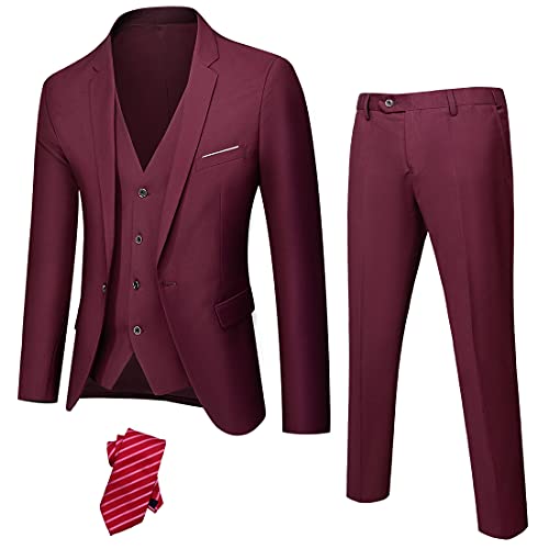 Hihawk Herren 3-teiliger Anzug mit Stretch Stoff Solid Slim Fit Ein-Knopf Anzug Blazer Set Jacke Weste Hose mit Krawatte, Burgunder, M von Hihawk