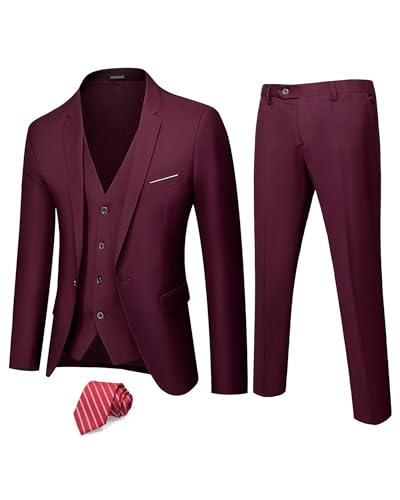 Hihawk Herren 3-teiliger Anzug mit Stretch-Stoff, solide schmale Passform, EIN-Knopf-Anzug, Blazer-Set, Jacke, Weste, Hose mit Krawatte, Burgunder, XL von Hihawk