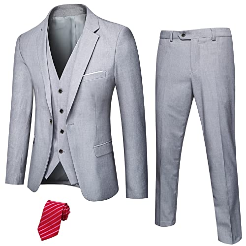 Hihawk Herren 3-teiliger Anzug mit Stretch Stoff Solid Slim Fit Ein-Knopf Anzug Blazer Set Jacke Weste Hose mit Krawatte, Hellgrau, XL von Hihawk