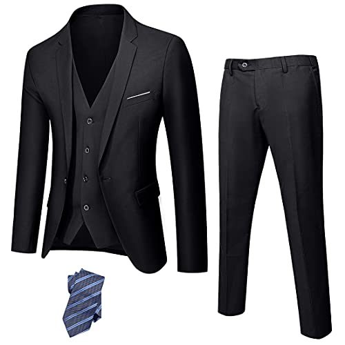 Hihawk Herren 3-teiliger Anzug mit Stretch Stoff Solid Slim Fit Ein-Knopf Anzug Blazer Set Jacke Weste Hose mit Krawatte, Schwarz, XX-Large von Hihawk