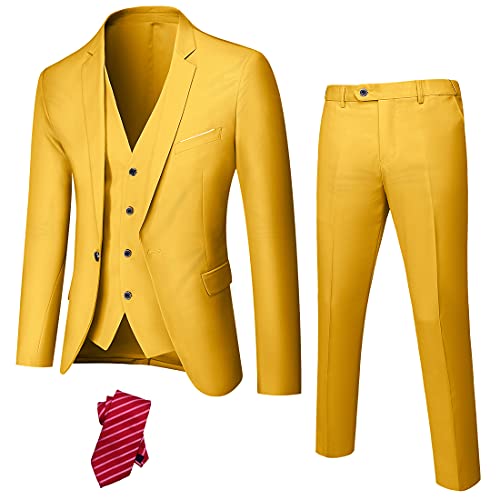 Hihawk Herren 3-teiliger Anzug mit Stretch Stoff Solid Slim Fit Ein-Knopf Anzug Blazer Set Jacke Weste Hose mit Krawatte, gelb, 3XL von Hihawk