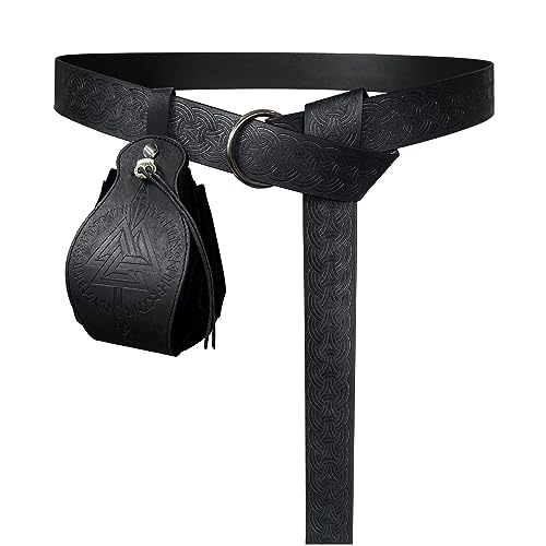 HiiFeuer Mittelalter Geprägter O-Ring-Gürtel mit Tragbarem Gungnir Kordelzugbeutel, Retro Renaissance Kunstleder Gürtel und Geldbeutel Set für LARP (Schwarz B) von HiiFeuer