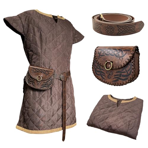 HiiFeuer Mittelalter Kostüm Tunic, mit Vintage-Gürtel und Tasche, Söldner Ritter Kleidung Rüstung, Renaissance LARP Cosplay Set für LARP Ren Faire und Halloween (Braun XL) von HiiFeuer