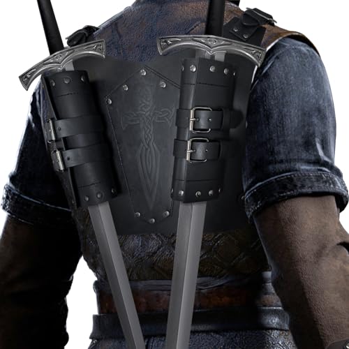 HiiFeuer Mittelalter Kunstleder Geprägte Doppelte Rückenlehne Schwert Frosch, Verstellbar Renaissance Ritter Söldner Schwert Holster (Schwarz A) von HiiFeuer
