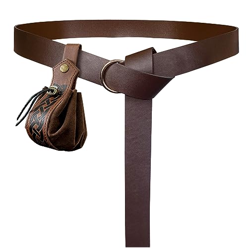HiiFeuer Mittelalter O-Ring-Gürtel mit Nordischem Retro-Kordelzugbeutel, Renaissance Kunstleder Gürtel und Geldbeutel Set für LARP (Braun C) von HiiFeuer