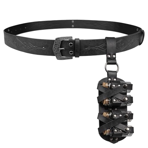 HiiFeuer Mittelalterliche geprägte Alchemie Kunstleder Schnalle Gürtel mit 4 Kork Fläschchen, Fantasy Zauberer Zaubertrank Flaschen (Schwarz D) von HiiFeuer