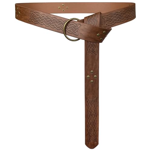 HiiFeuer Mittelalterlicher geprägter PU-Leder-O-Ring-Gürtel, Retro-Renaissance-Rittergürtel (Braun F) von HiiFeuer