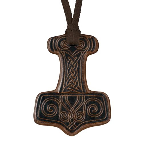 HiiFeuer Thorshammer Amulett Halskette - Wikinger Schmuck mit Prägung aus Kunstleder - Nordischer Mythologie Anhänger für LARP & Cosplay (Braun A) von HiiFeuer