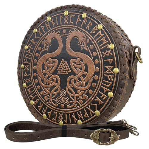 HiiFeuer Viking geprägte Umhängetasche Crossbody Bag, Gürteltasche aus nordischem Kunstleder Schultertasche, Mittelalter tragbare Cosplay Umhängebeutel (Braun A) von HiiFeuer