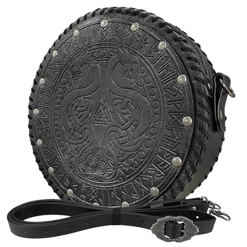 HiiFeuer Viking geprägte Umhängetasche Crossbody Bag, Gürteltasche aus nordischem Kunstleder Schultertasche, Mittelalter tragbare Cosplay Umhängebeutel (Schwarz A) von HiiFeuer