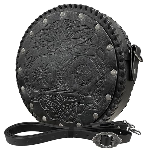 HiiFeuer Viking geprägte Umhängetasche Crossbody Bag, Gürteltasche aus nordischem Kunstleder Schultertasche, Mittelalter tragbare Cosplay Umhängebeutel (Schwarz B) von HiiFeuer