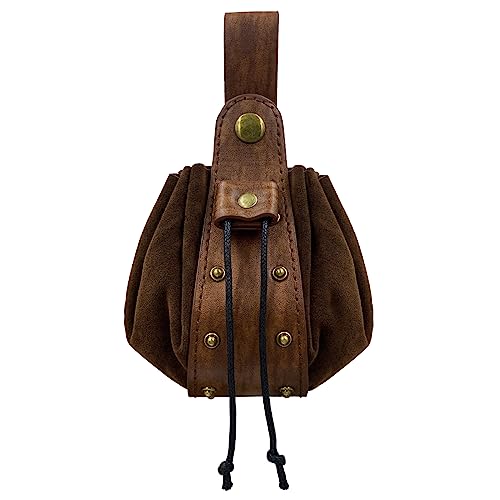 HiiFeuer Vintage Medieval Faux Leder Kordelzug Tasche, Mittelalterliches Portemonnaie, Nieten Gürteltasche Würfel Tasche für LARP Ren Faire (Braun B) von HiiFeuer