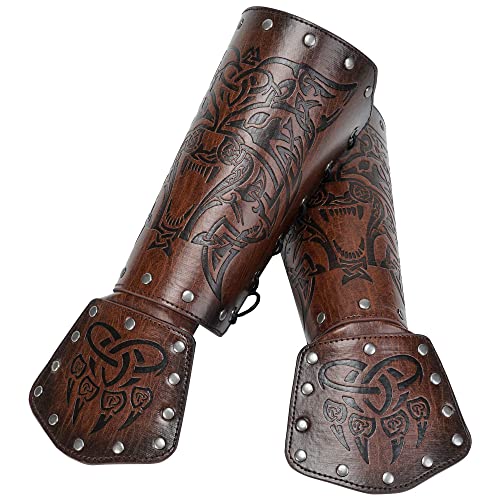 HiiFeuer Wikinger Fenrir Armschienen, Mittelalter Kunstleder Arm Rüstung Ritter Bracer LARP Halloween Kostüm (Brown) von HiiFeuer