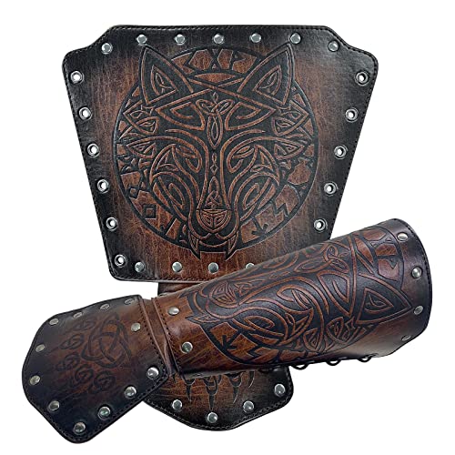 HiiFeuer Wikinger Fenrir Armschienen, Mittelalter Kunstleder Arm Rüstung Ritter Bracer LARP Halloween Kostüm (Brown B) von HiiFeuer