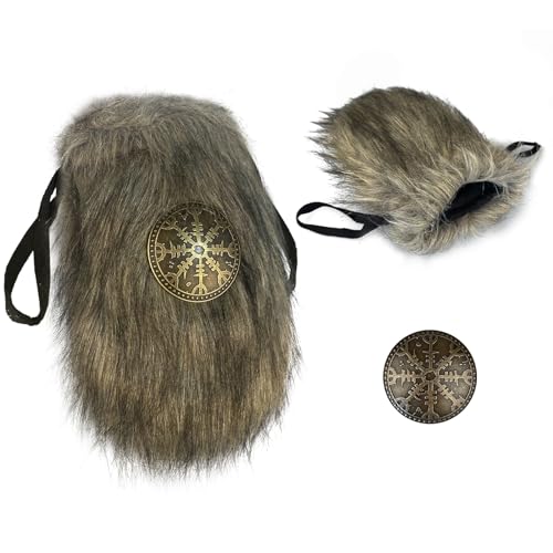 HiiFeuer Wikinger Kunstfell Gürte Beutel Nordic Badge Gürteltasche Fuzzy Portable Drawstring Geldbörse Mittelalter Cosplay Seite Pack Würfel Tasche (Braun A) von HiiFeuer