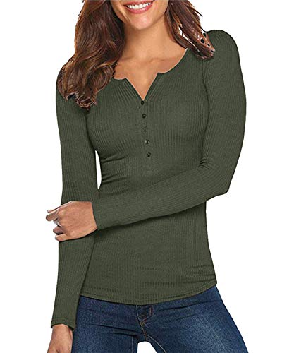 Damen Shirt Langarm V-Ausschnitt Basic Oberteile Button Casual Pullover Einfarbig Langarmshirt(Armeegrün,Large) von Hiistandd