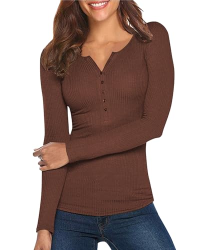 Damen Shirt Langarm V-Ausschnitt Basic Oberteile Button Casual Pullover Einfarbig Langarmshirt(Braun,Medium) von Hiistandd