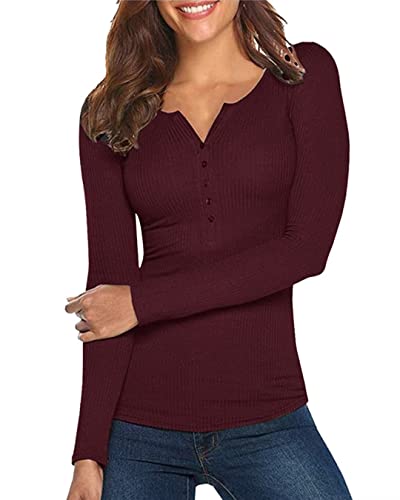 Damen Shirt Langarm V-Ausschnitt Basic Oberteile Button Casual Pullover Einfarbig Langarmshirt(Rotwein,Medium) von Hiistandd