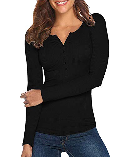 Damen Shirt Langarm V-Ausschnitt Basic Oberteile Button Casual Pullover Einfarbig Langarmshirt(Schwarz,Large) von Hiistandd