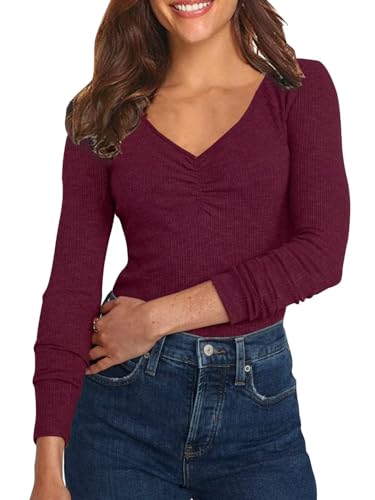 Damen Shirt Langarm V-Ausschnitt Basic Oberteile Button Casual Pullover Einfarbig Langarmshirt(ZZ-Rotwein,Large) von Hiistandd