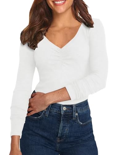 Damen Shirt Langarm V-Ausschnitt Basic Oberteile Button Casual Pullover Einfarbig Langarmshirt(ZZ-Weiß,X-Large) von Hiistandd