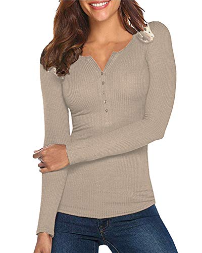 Damen Shirt Langarm V-Ausschnitt Basic Oberteile Button Casual Pullover Einfarbig Langarmshirt(Grau,X-Large) von Hiistandd