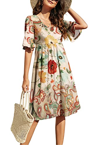 Hiistandd Damen Kleid Blumen Rundhals Tunika Sommerkleider Kurzarm Knielang Schwingen Blumendruck Freizeitkleid Lose (Khaki,L) von Hiistandd