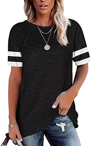 Hiistandd Damen Kurzarm T Shirt Sommer Kurzarm Shirt Rundhals Casual Patchwork Top T Shirts (BK, S) von Hiistandd