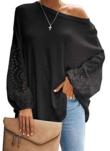 Hiistandd Damen Langarm Shirt Damen Langarm Top Damen Langarmshirt Rundhals Ärmel Hohl Patchwork Einfarbig Top Shirt Bluse (Black, Medium) von Hiistandd