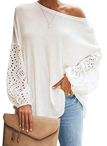 Hiistandd Damen Langarm Shirt Damen Langarm Top Damen Langarmshirt Rundhals Ärmel Hohl Patchwork Einfarbig Top Shirt Bluse (White, Medium) von Hiistandd