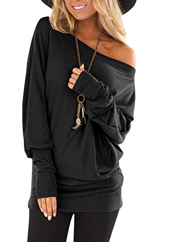 Hiistandd Damen Langarm T Shirt Damen Langarm Top Damen Langarmshirt Eine Schulter Rundhals Tops Casual Sexy Einfarbig Basic T Shirt Tops (Black, Medium) von Hiistandd