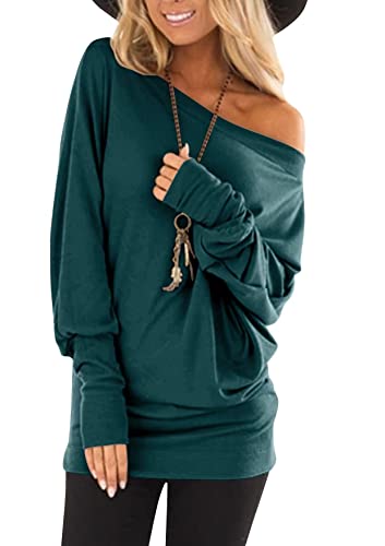 Hiistandd Damen Langarm T Shirt Damen Langarm Top Damen Langarmshirt Eine Schulter Rundhals Tops Casual Sexy Einfarbig Basic T Shirt Tops (Dark Green, Large) von Hiistandd