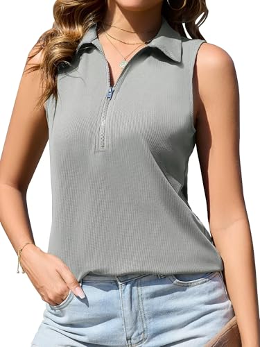 Hiistandd Damen Sommer Ärmellose Oberteile Gestreiftes V-Ausschnitten Weste Rippstrick Pullover Zipper Up Tops Streifen Strickpullover Casual Tank Tops (Grau, 2XL) von Hiistandd