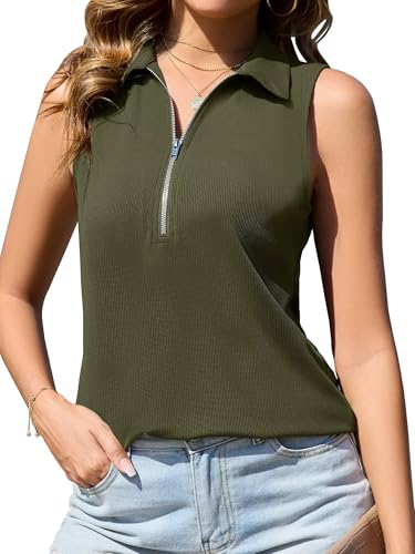 Hiistandd Damen Sommer Ärmellose Oberteile Gestreiftes V-Ausschnitten Weste Rippstrick Pullover Zipper Up Tops Streifen Strickpullover Casual Tank Tops (Grün, XL) von Hiistandd