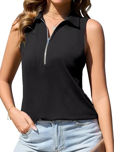 Hiistandd Damen Sommer Ärmellose Oberteile Gestreiftes V-Ausschnitten Weste Rippstrick Pullover Zipper Up Tops Streifen Strickpullover Casual Tank Tops (Schwarz, L) von Hiistandd