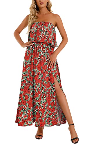 Hiistandd Damen Sommer Maxikleid Damen Floral Kleid Off Shoulder Kleid Seitlichem Schlitz Röhrenoberteil Kleid Damen Strandkleid (Red, Large) von Hiistandd