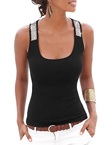 Hiistandd Damen Sommer Pailletten Tank Top Damen Ärmellos Weste Strand T Shirt Basic Sexy Träger Shirt Tops (Black, Large) von Hiistandd