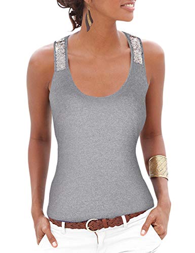 Hiistandd Damen Sommer Tank Top Damen Ärmellos Pailletten Weste Strand T Shirt Basic Sexy Shirt Tops (Light Gray, Medium) von Hiistandd