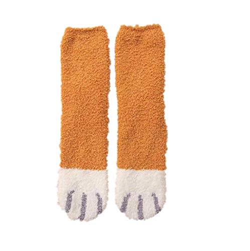 Hikaka Frauen Mädchen Mode Weichen Boden Socken Nette Plüsch Katze Klaue Design Korallen Fleece Verdickung Warmes Zuhause Schlaf Socken (Gelb) von Hikaka