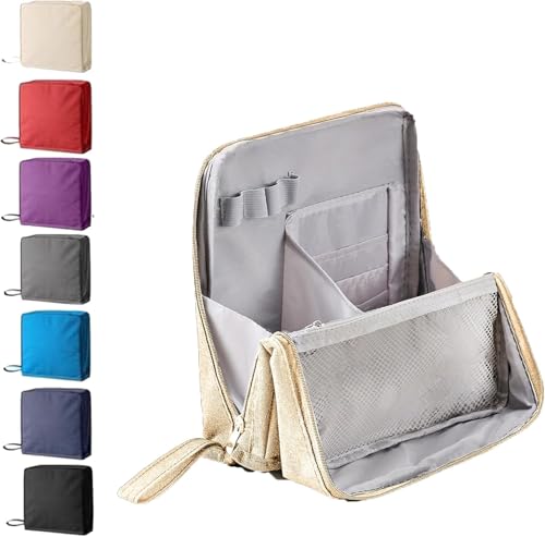 Mehrzweck-Makeup-Tasche mit großem Fassungsvermögen aus wasserdichtem Oxford-Stoff, tragbarer, Leichter Canvas-Organizer mit Mehreren Fächern, aufrechtes Design für täglichen Gebrauch (Beige) von Hikaka