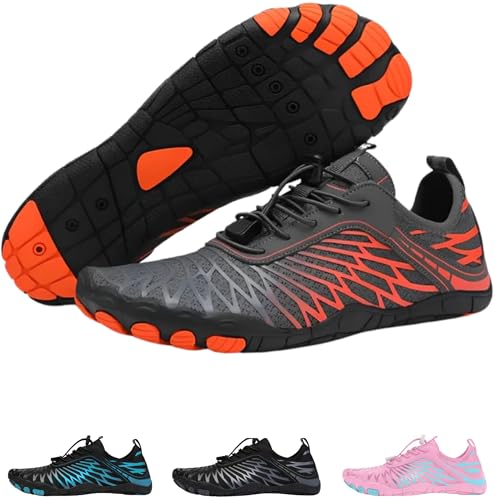 Hike Footwear LAZULI PRO - Gesündere und Bequeme Füße mit Barfußschuhen, Leichte Flexible Fußgewölbeunterstützung, breite Wanderschuhe (Unisex), Orange/Abendrot im Zickzackmuster (Sunset Chevron), 11 von Hike Footwear
